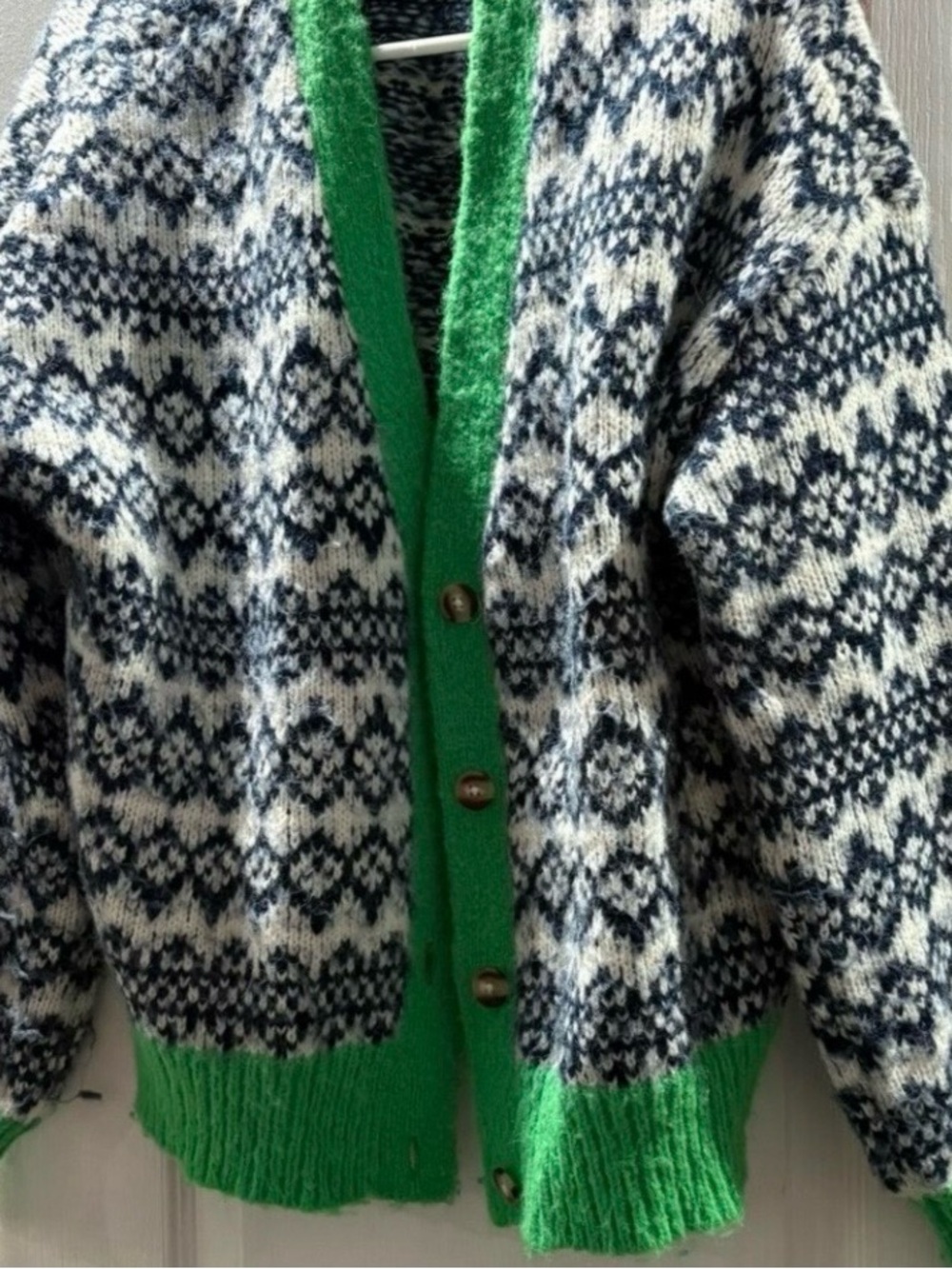 Women's Navy Fair Isle Cardigan with Green Trim
